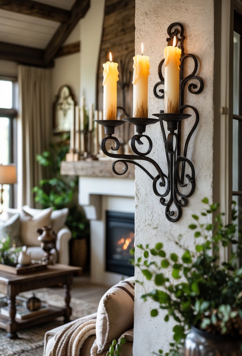 Rustic Farmhouse Maximalist Living Room Decor: 21 Inspiring Ideas for a Cozy and Collected Space 17 A living room wall with rustic iron candle sconces holding taper candles, surrounded by cozy furniture and decor.