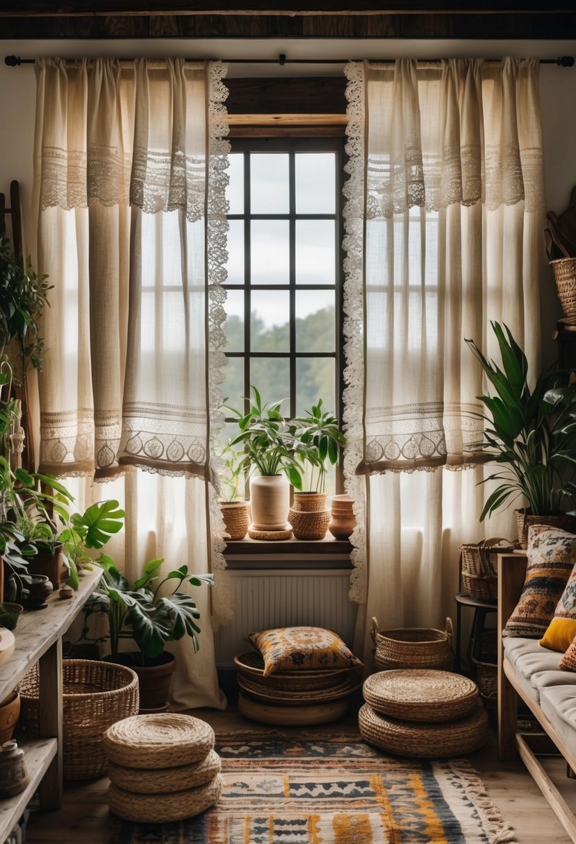 Rustic Farmhouse Maximalist Living Room Decor: 21 Inspiring Ideas for a Cozy and Collected Space 19 Living room with layered linen curtains featuring lace trim, natural light coming through a window, wooden furniture, plants, and decorative cushions.