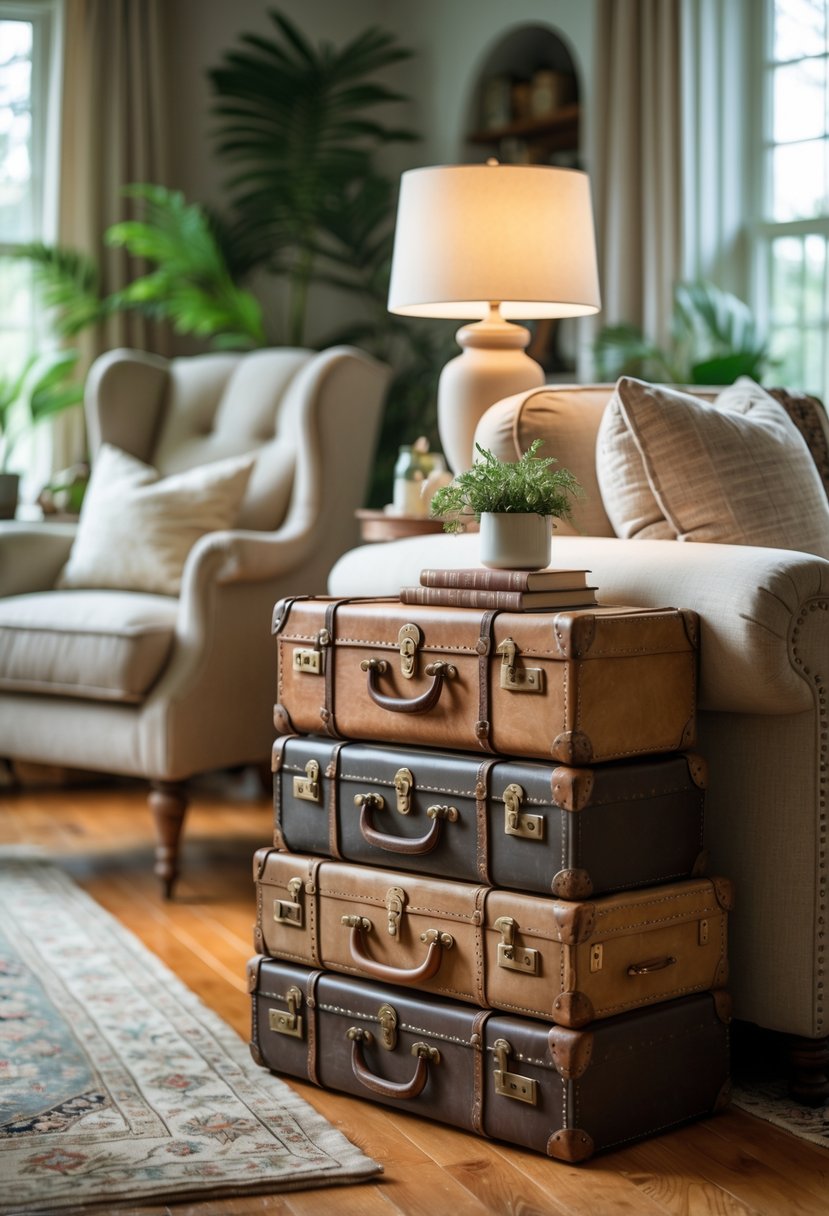 Rustic Farmhouse Maximalist Living Room Decor: 21 Inspiring Ideas for a Cozy and Collected Space 21 A living room with a side table made from stacked vintage suitcases next to an armchair and a lamp.