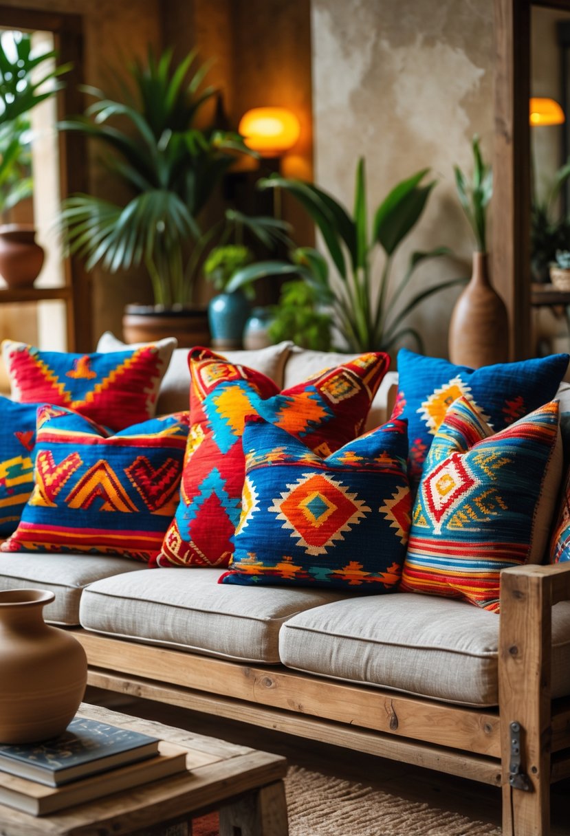Rustic Farmhouse Maximalist Living Room Decor: 21 Inspiring Ideas for a Cozy and Collected Space 23 A living room with colorful patterned pillows on a wooden sofa, a wooden coffee table, and plants in the background.