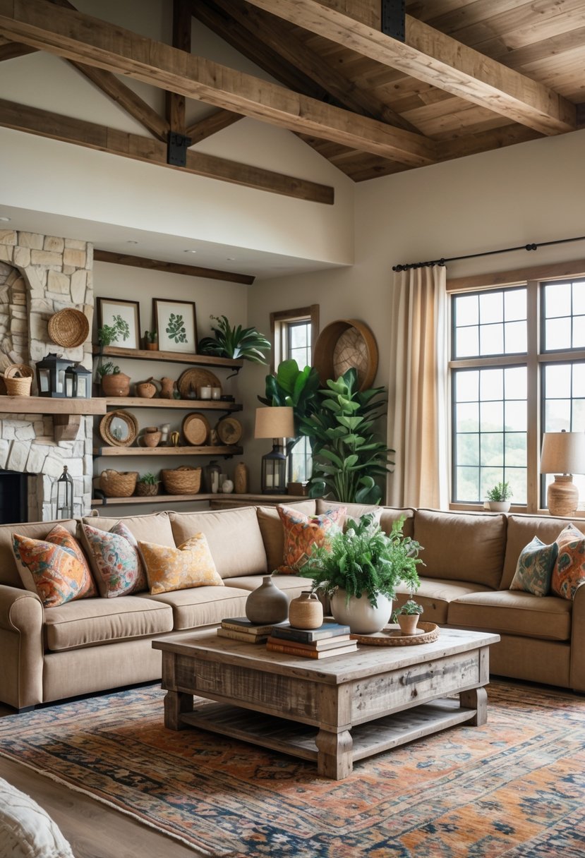 Rustic Farmhouse Maximalist Living Room Decor: 21 Inspiring Ideas for a Cozy and Collected Space 24 A cozy living room with a large sofa, wooden coffee table, decorative shelves, and a stone fireplace, filled with plants and artwork.