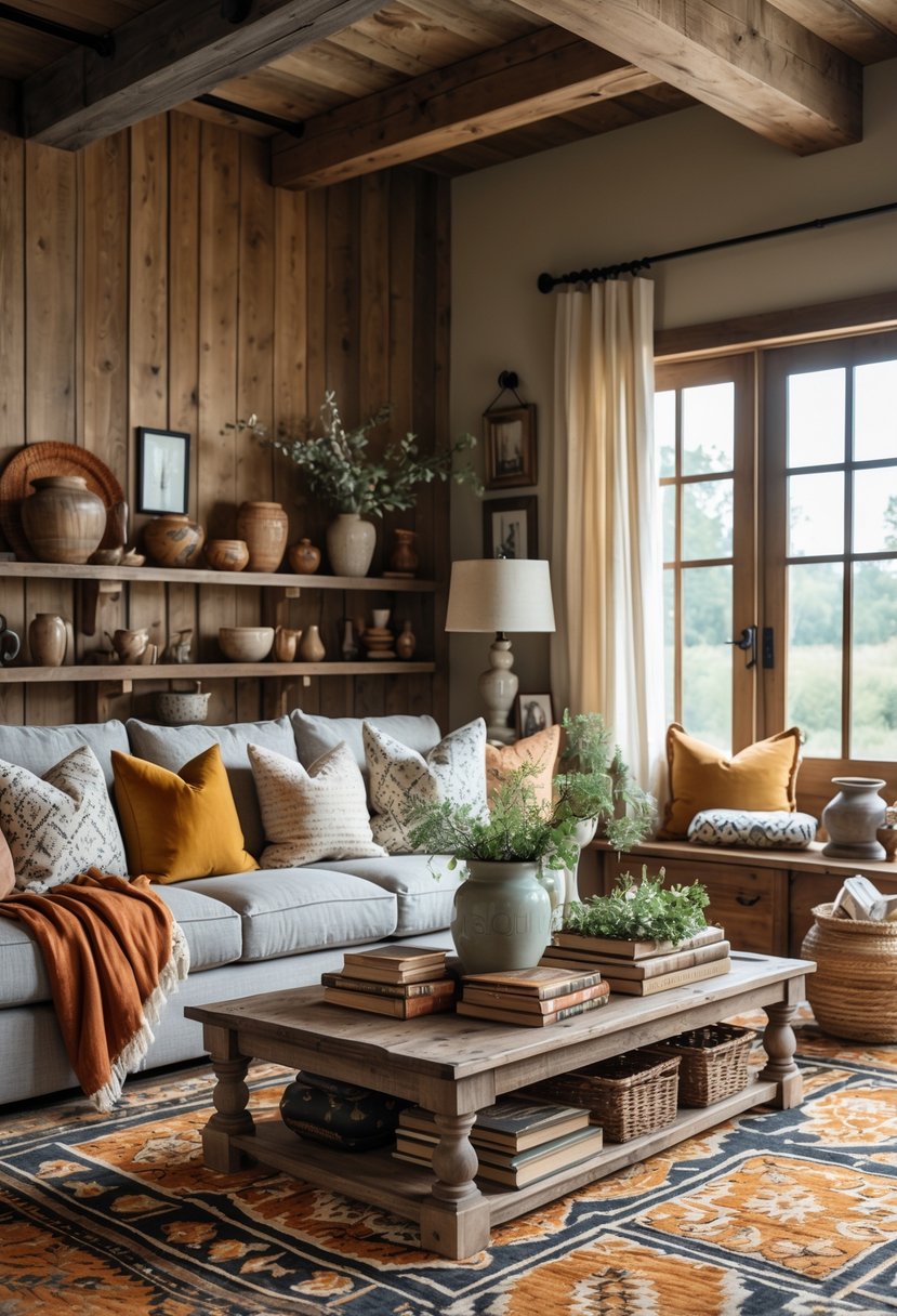 Rustic Farmhouse Maximalist Living Room Decor: 21 Inspiring Ideas for a Cozy and Collected Space 25 A cozy living room with a large sofa, patterned pillows, wooden wall, layered rugs, a wooden coffee table with decor, and soft natural light.