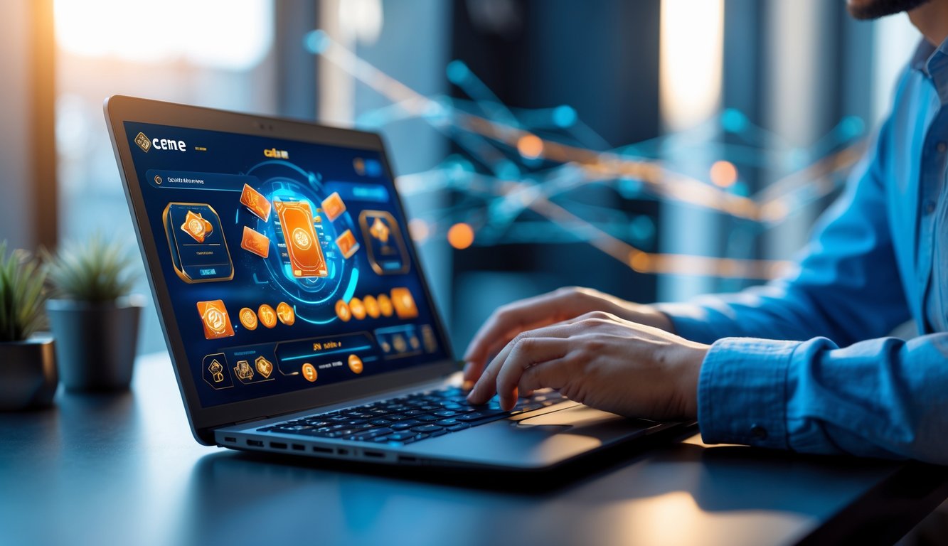 Seseorang menggunakan laptop dengan tampilan permainan kartu digital di meja kerja yang rapi dan terang.