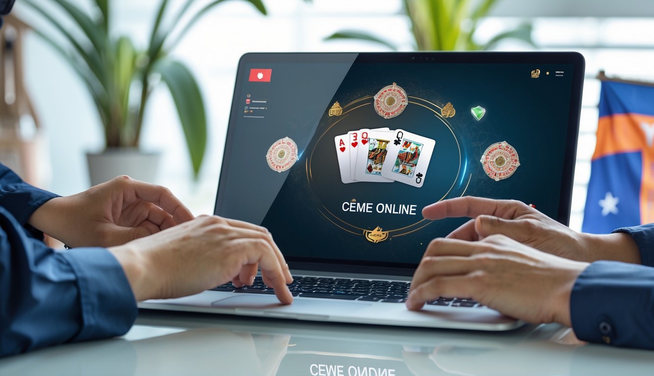 Orang-orang bermain permainan kartu online di laptop dalam ruangan modern dengan elemen budaya Indonesia.