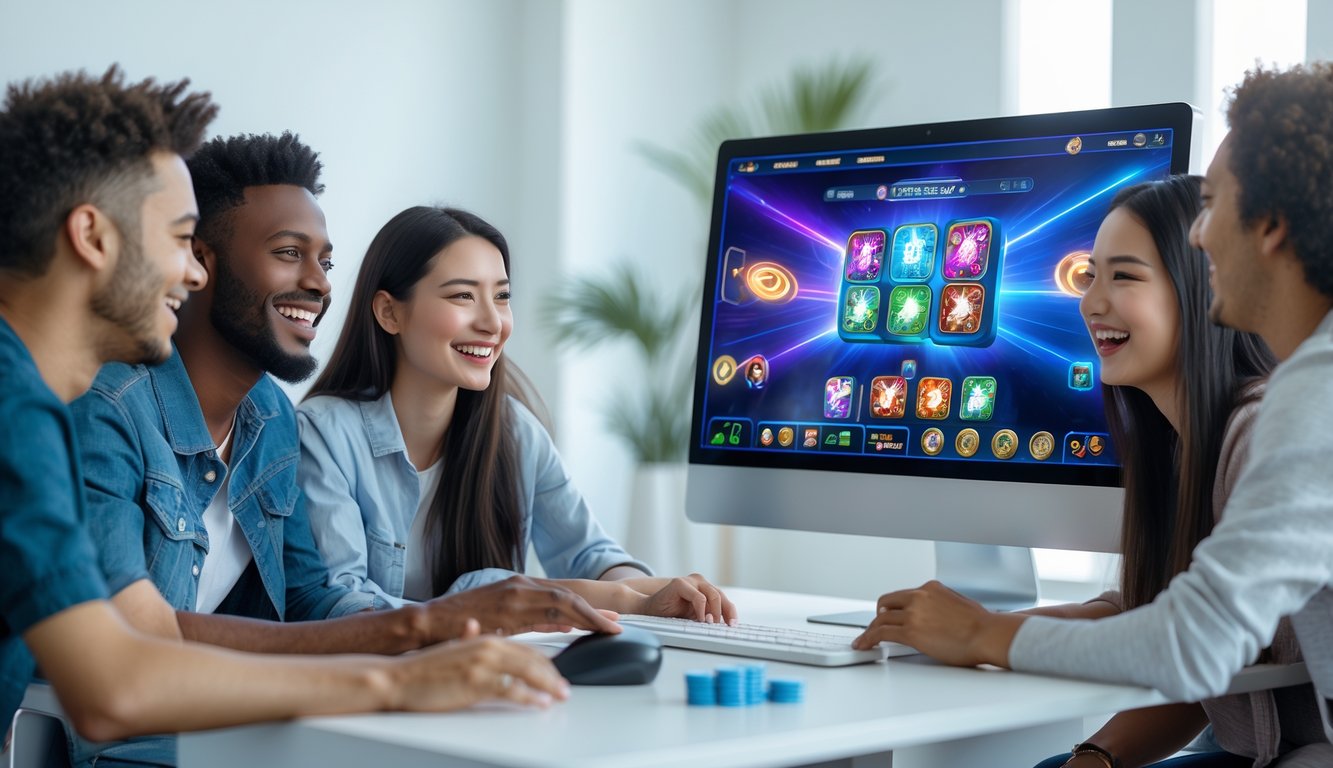 Sekelompok orang muda sedang bermain permainan kartu online di depan komputer dengan suasana ceria dan ramah.