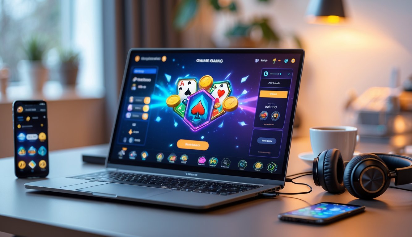 Meja kerja modern dengan laptop yang menampilkan permainan kartu online, dikelilingi oleh smartphone, cangkir kopi, dan headphone.