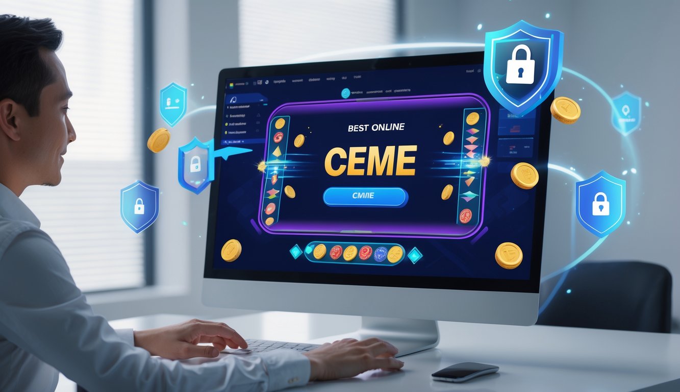 Seorang dewasa bermain game Ceme online pada layar perangkat digital dengan simbol keamanan di latar belakang.