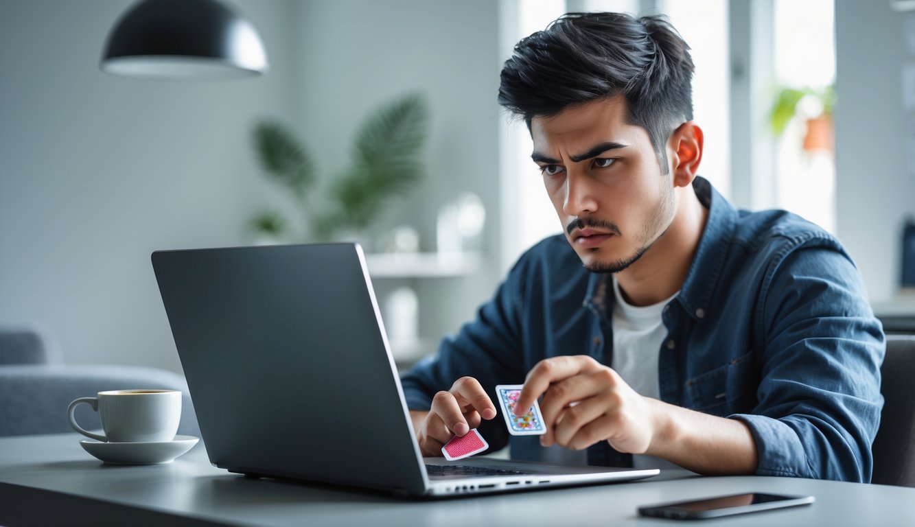 Seorang pria muda fokus bermain permainan kartu online di laptop di dalam ruangan yang terang dan nyaman.