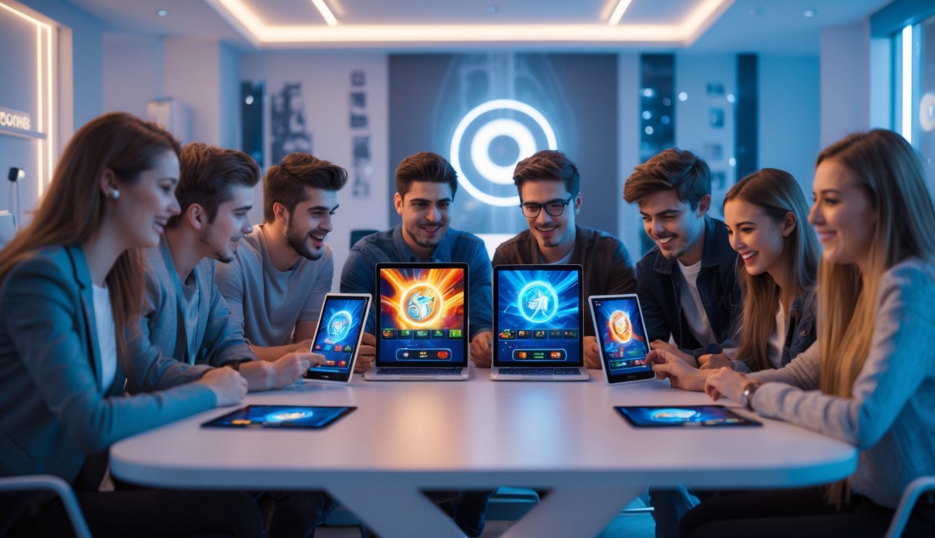 Sekelompok orang muda bermain permainan kartu online dengan perangkat digital di meja modern, terlihat fokus dan senang.