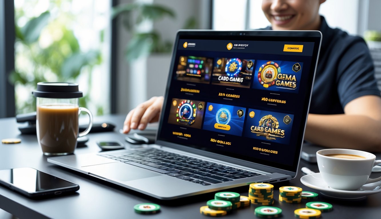 Seseorang sedang menggunakan laptop di meja kerja dengan chip permainan kartu di sekitarnya.