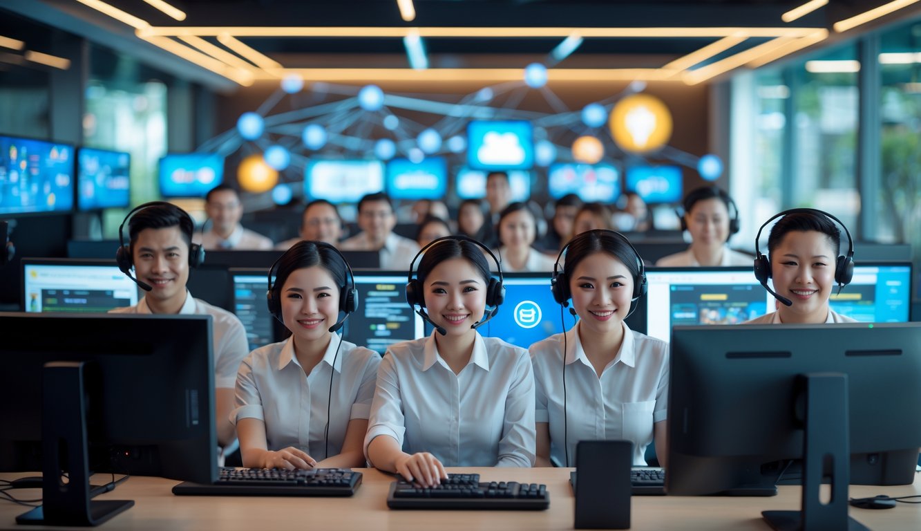 Beberapa staf layanan pelanggan dengan headset sedang bekerja di pusat panggilan modern dengan layar komputer yang menampilkan permainan online.