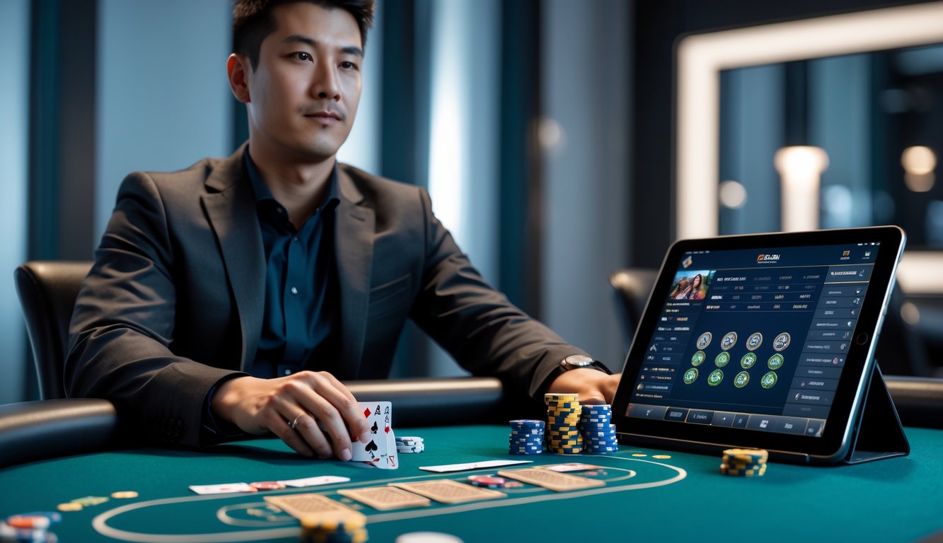 Seorang pemain poker profesional duduk di meja poker dengan chip dan kartu, menggunakan tablet digital di ruangan modern yang terang.