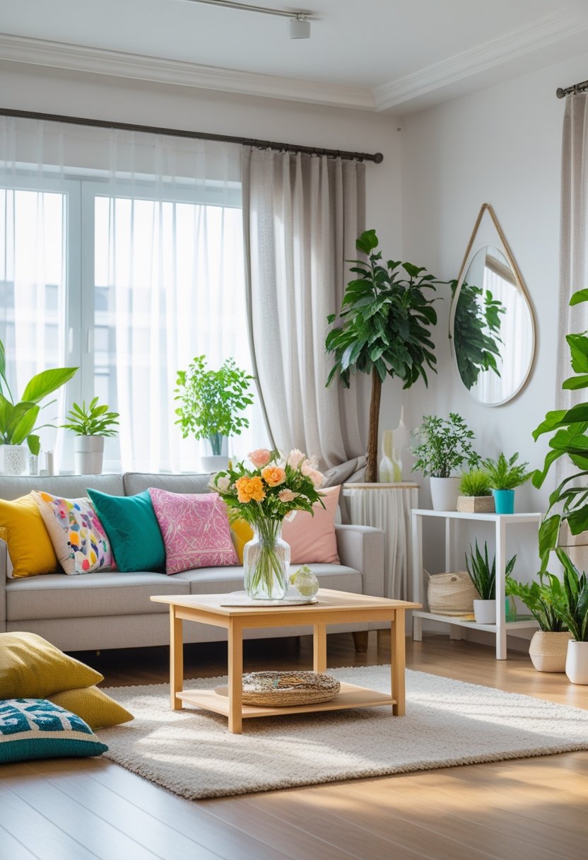 A bright living room with a sofa, colorful pillows, fresh flowers, indoor plants, and natural light coming through large windows.