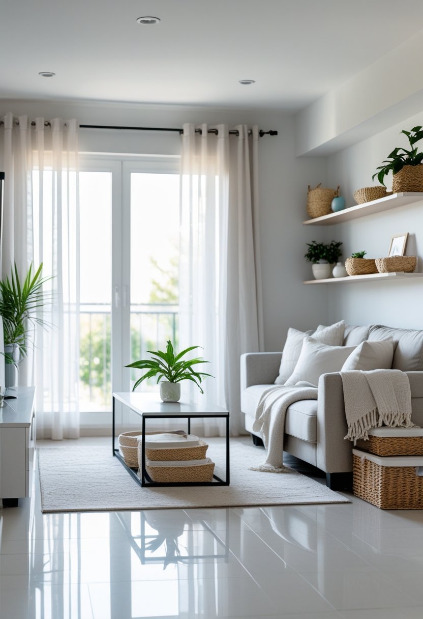 A clean and organized living room with neatly arranged shelves, a tidy coffee table, a sofa with folded cushions, and natural light coming through large windows.