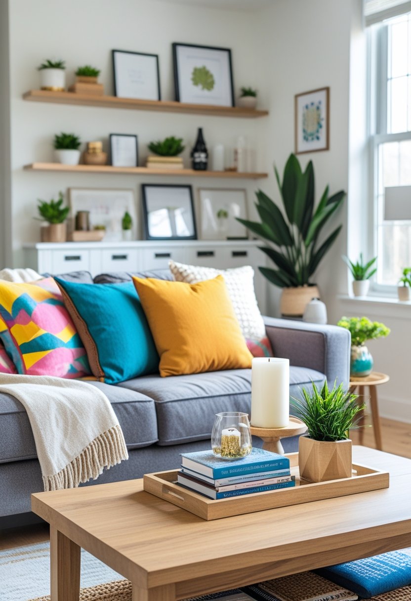 A bright living room with a sofa, coffee table, and shelves showing creatively rearranged and repurposed home items.