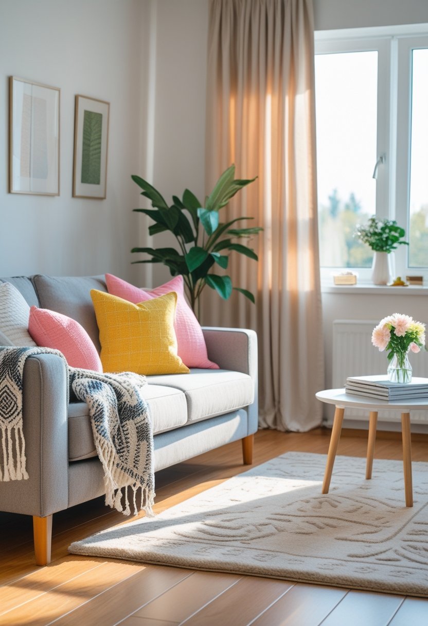 A living room with a sofa decorated with colorful pillows and a blanket, a patterned rug, a coffee table with flowers, and sunlight coming through a window with curtains.