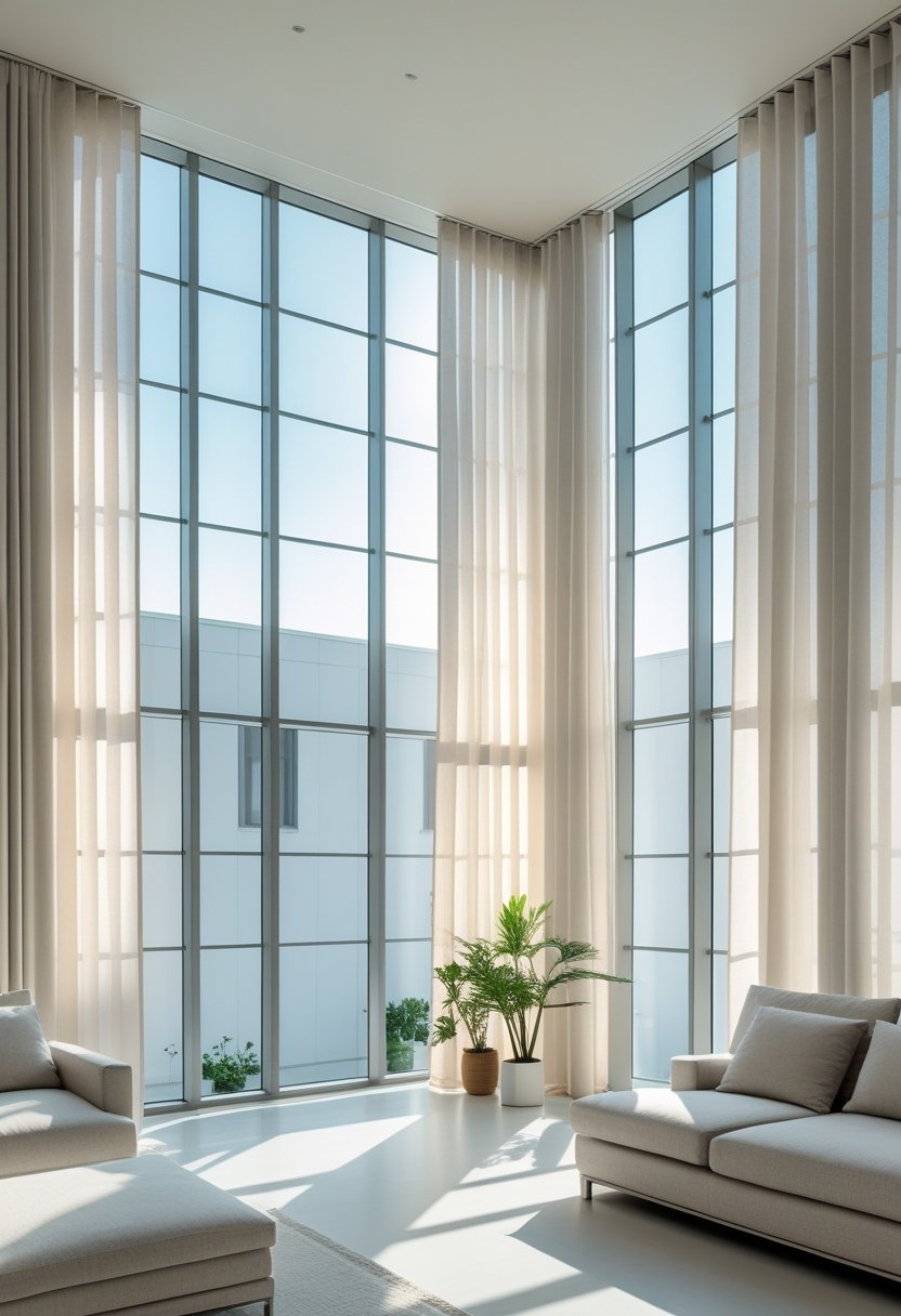 A bright living room with tall windows and long curtains hung high near the ceiling, making the room look taller and more spacious.