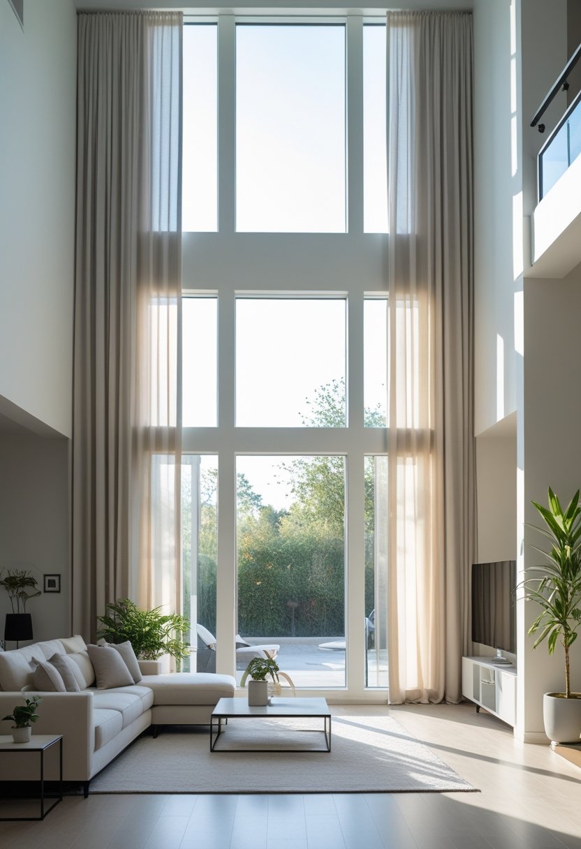 A bright living room with tall windows and long curtains hung close to the ceiling, featuring modern furniture and natural light.
