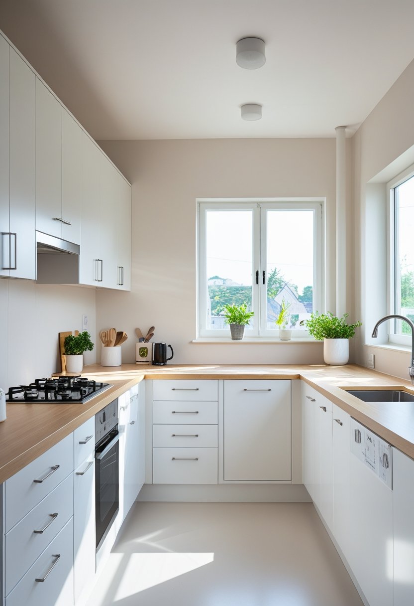 A small kitchen with white cabinets, light wood countertops, and natural light coming through a window, creating an open and bright atmosphere.