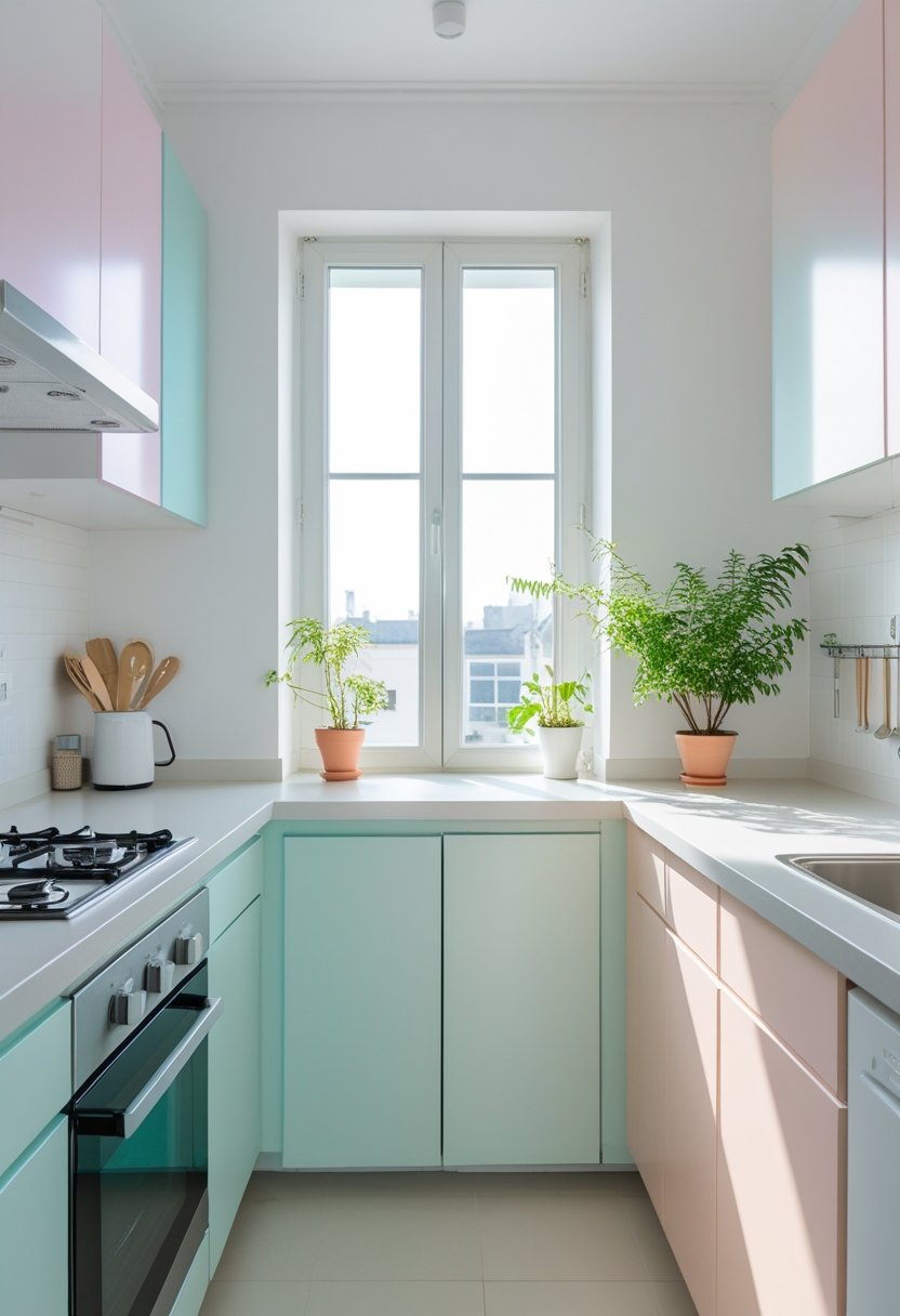 A small kitchen with white walls and light-colored cabinets, brightened by natural sunlight and minimal decor.