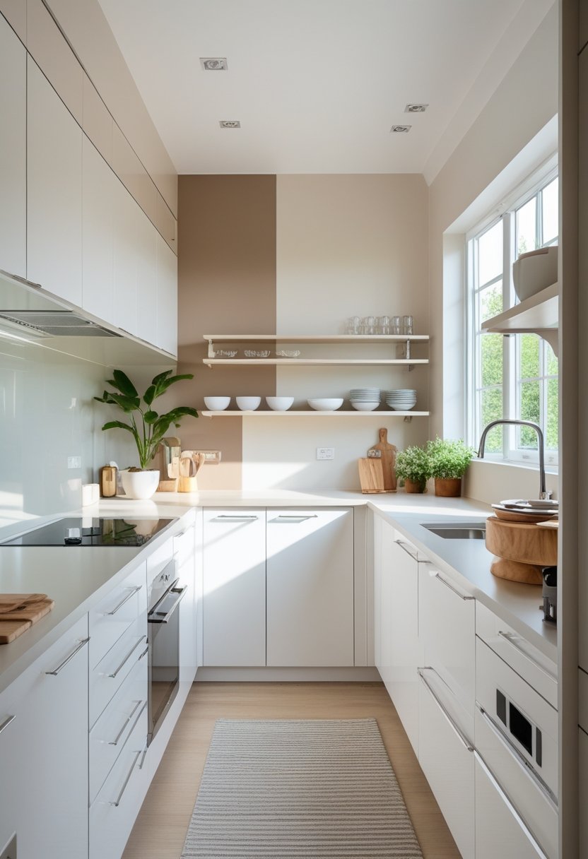 A small kitchen with light-colored walls and cabinets, natural light, and organized shelves creating a spacious feel.