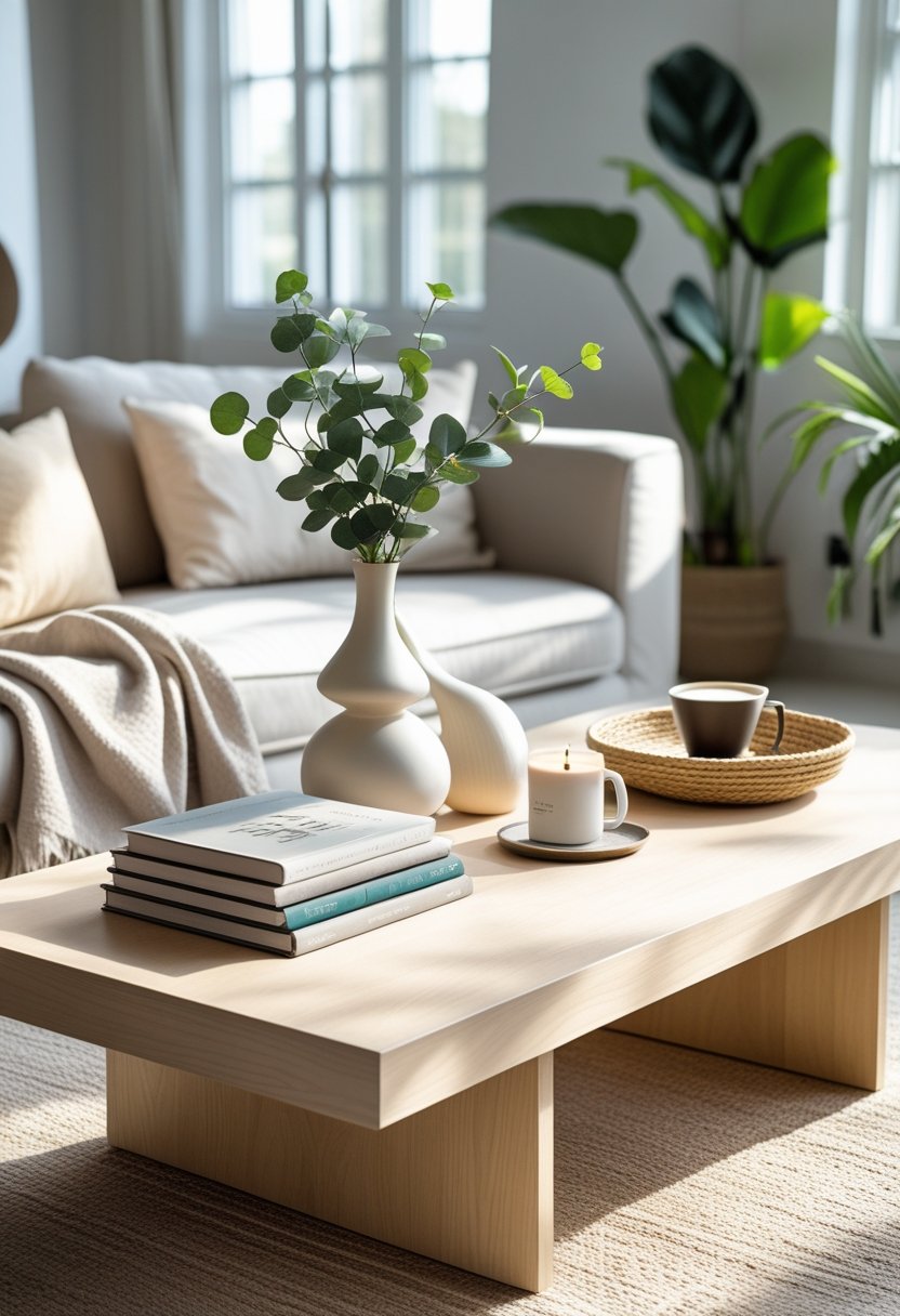 A modern coffee table in a living room with books, a vase of eucalyptus, a ceramic bowl, a candle, and a woven tray with a coffee cup and glasses.
