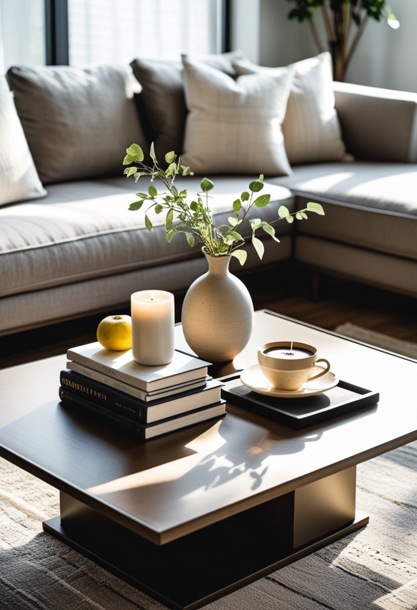 A coffee table with books, a vase with greenery, a candle, a cup of coffee, and a bowl of fruit in a living room.