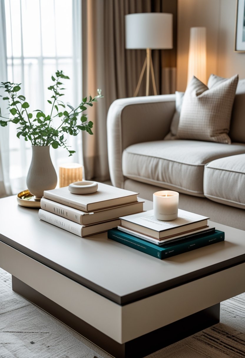A coffee table with neatly arranged coffee table books, a small vase with greenery, a candle, and a decorative tray in a bright living room.