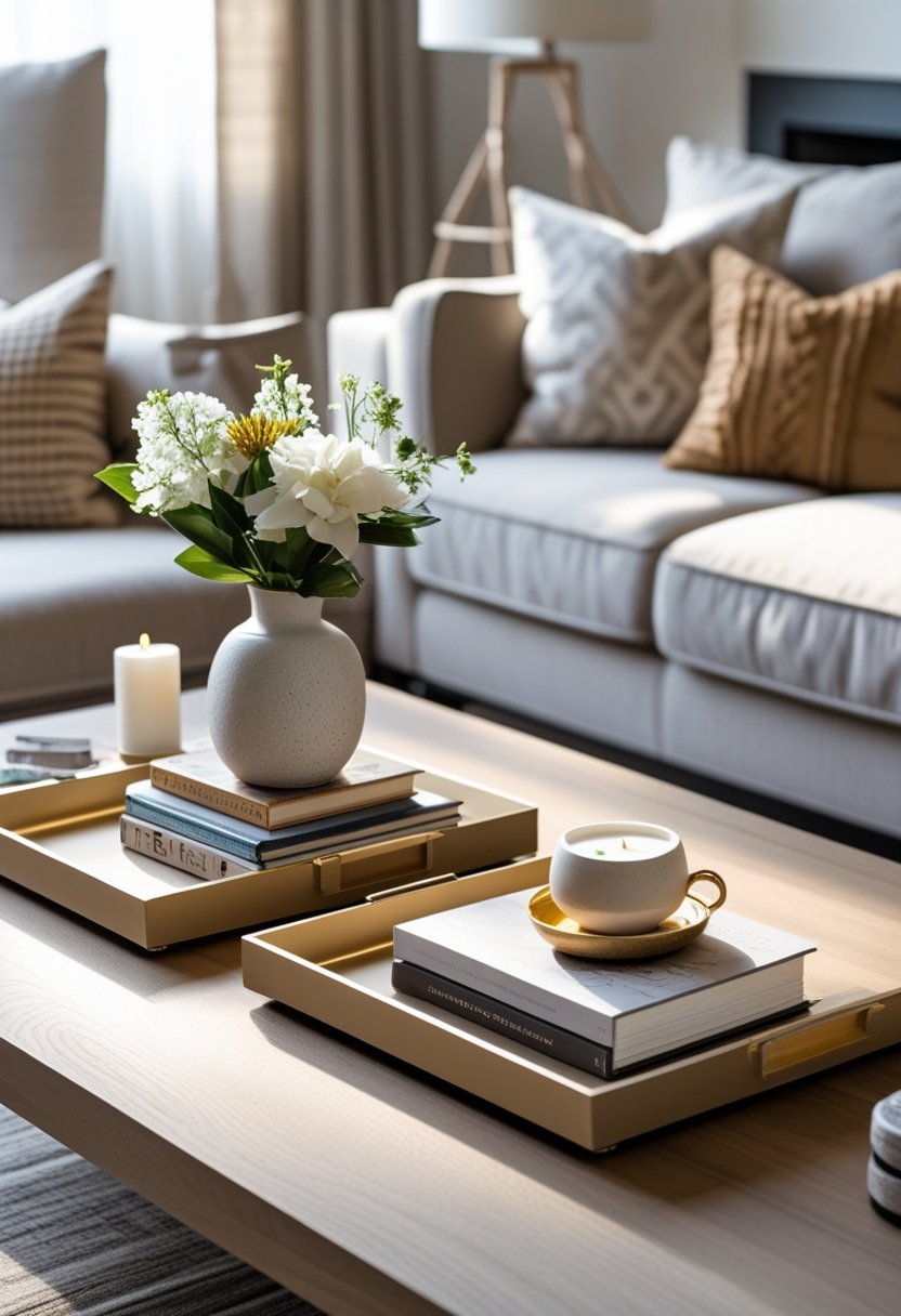 A coffee table with decorative trays holding books, a vase with flowers, a candle, and a coffee cup in a living room.