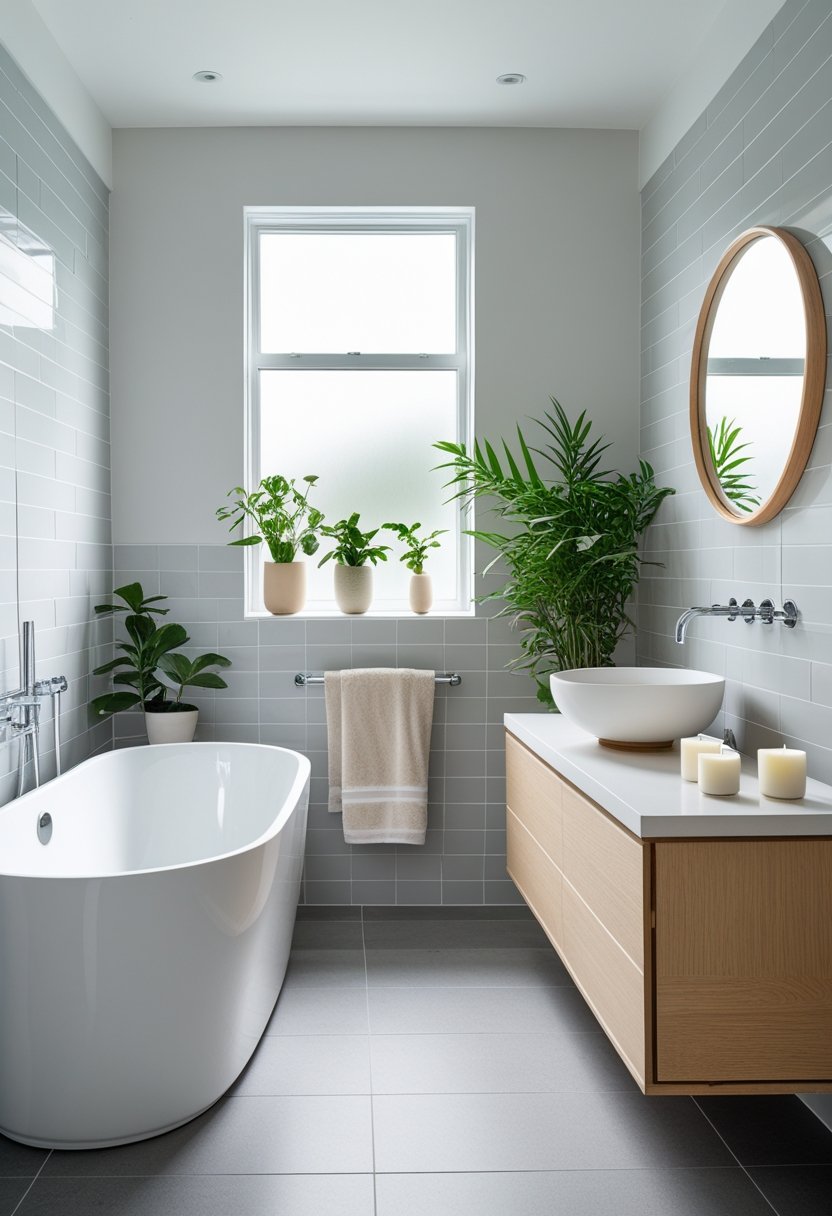 A bright and clean bathroom with a white bathtub, wooden vanity, round mirror, green plants, and folded towels.