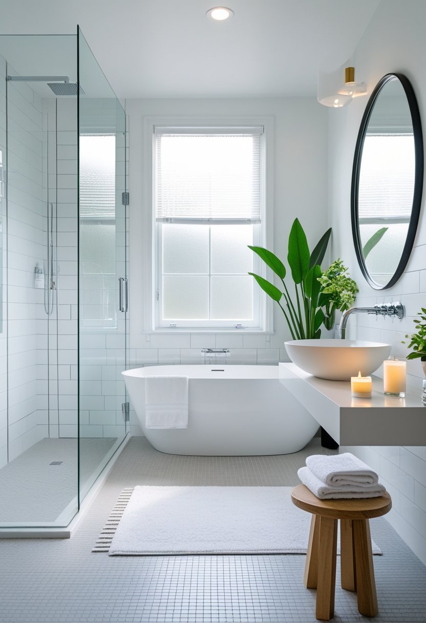 A modern bathroom with a glass shower, freestanding bathtub, white tiles, and natural light coming through a window.