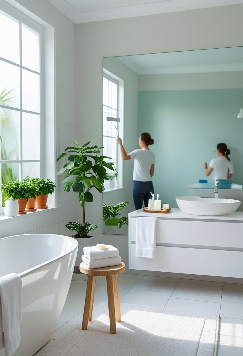 A modern bathroom with a bathtub, vanity, plants, and a person painting a wall during a weekend bathroom update.