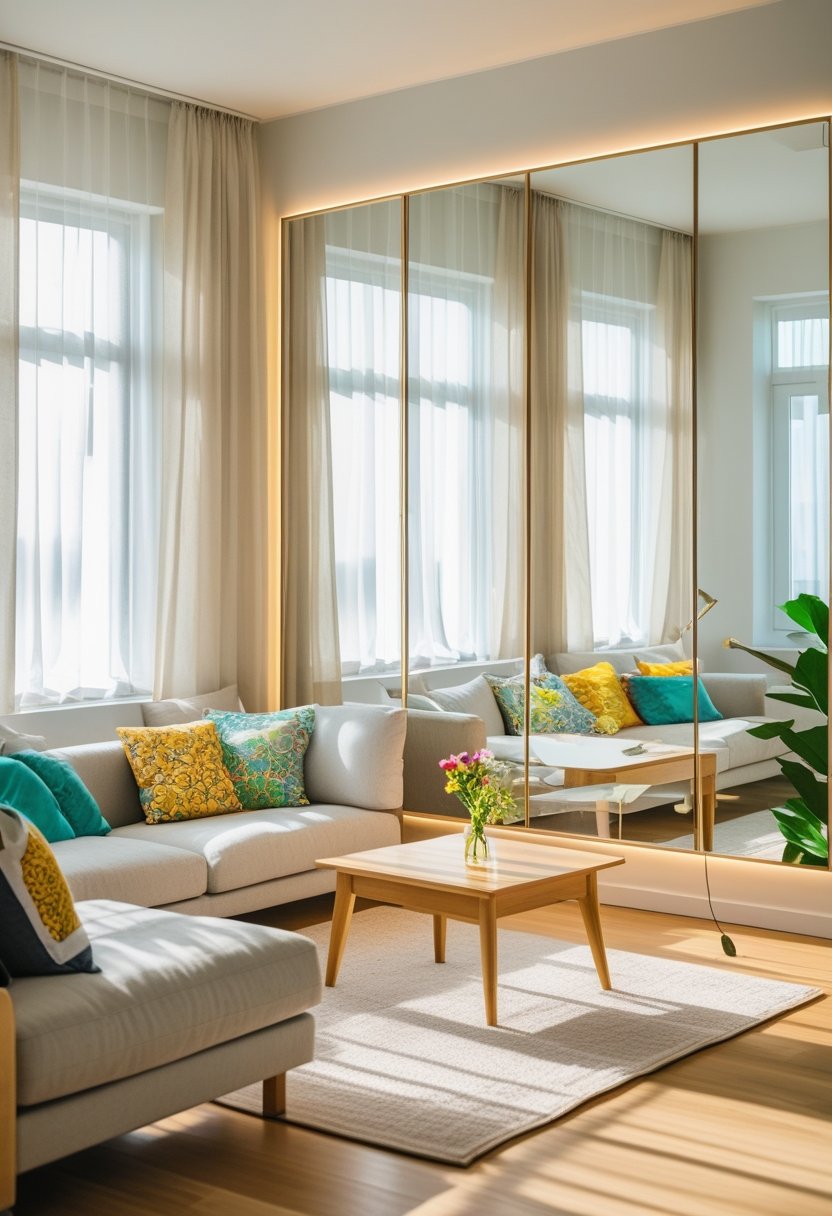 A bright living room with large windows and a large wall mirror reflecting sunlight, making the space appear more illuminated.