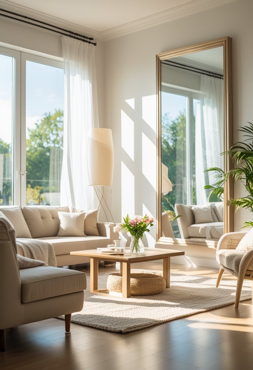 A sunlit living room with a large wall mirror reflecting natural light, brightening the space.