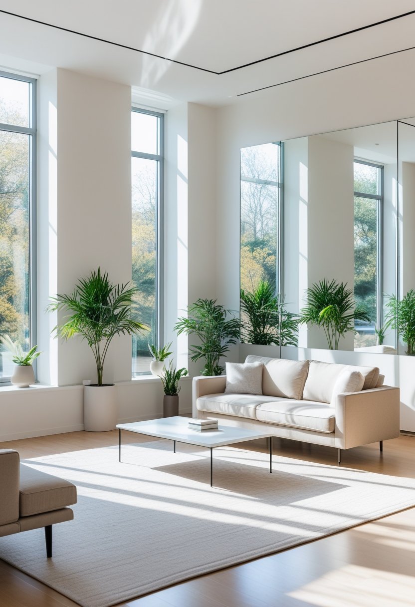A bright living room with large windows and mirrors reflecting sunlight to brighten the space.
