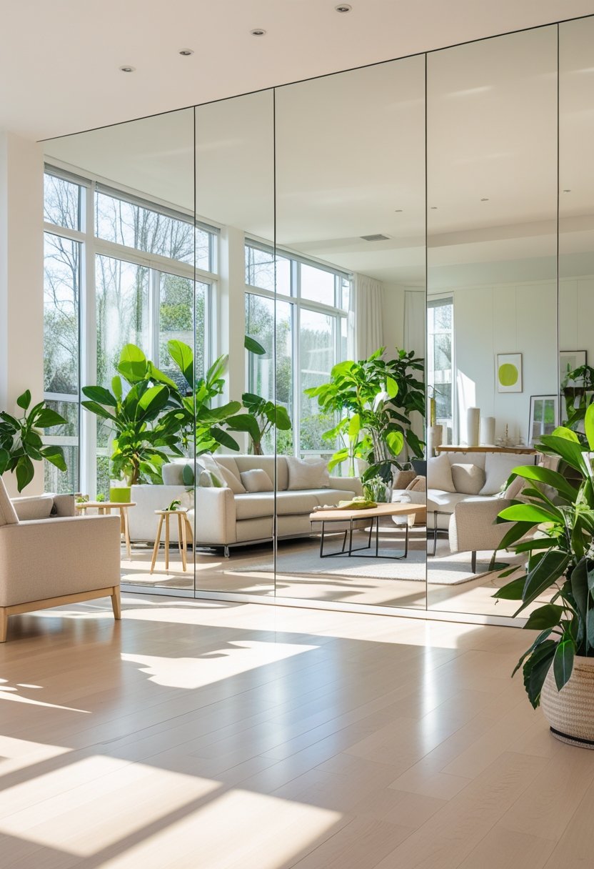 A bright living room with large mirrors reflecting sunlight, making the space appear more spacious and well-lit.