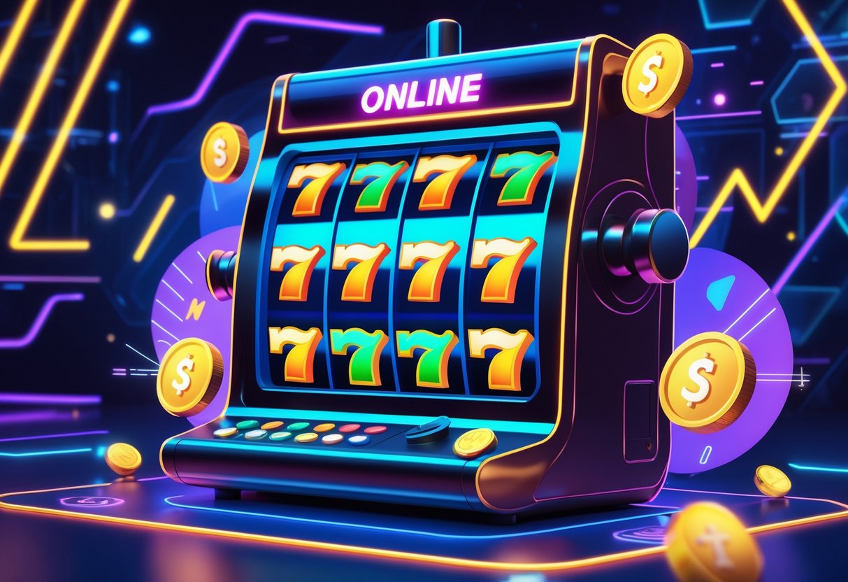 Ilustrasi mesin slot modern dengan simbol kemenangan dan elemen grafis yang menunjukkan tips serta strategi dalam suasana digital futuristik.