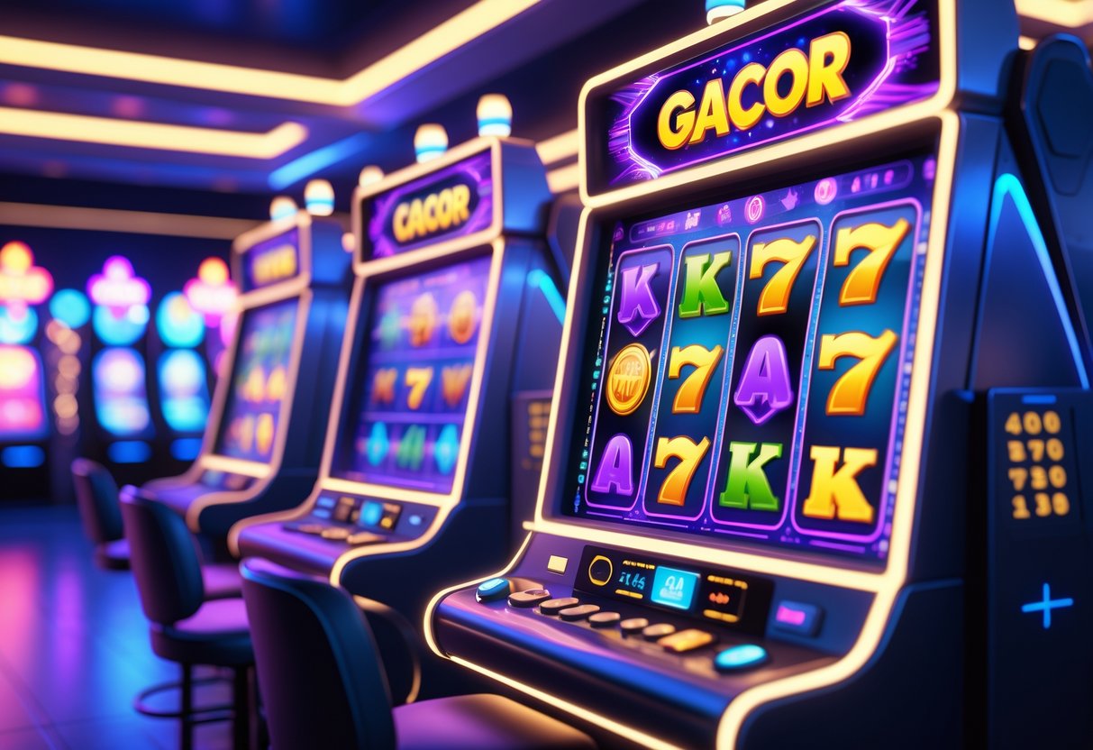 Ilustrasi mesin slot KA GAMING dengan pola kemenangan yang menarik di lingkungan kasino futuristik dengan lampu neon dan simbol warna-warni.