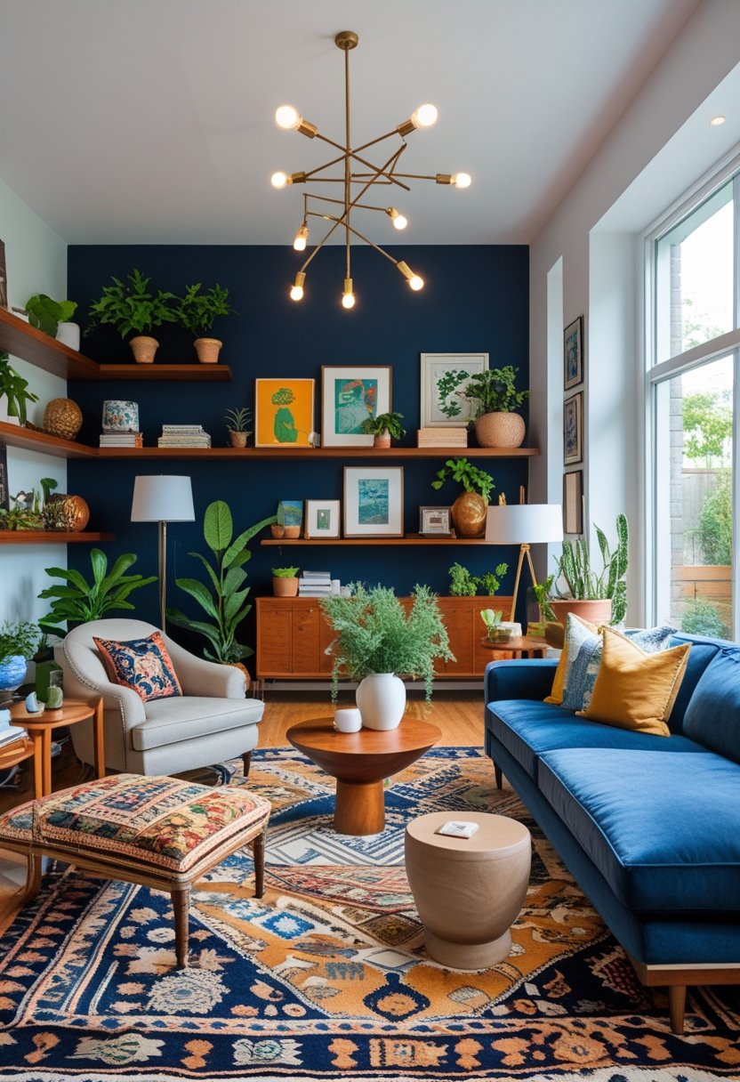 A bright living room with mixed furniture styles, bold colors, layered lighting, and decorative plants.