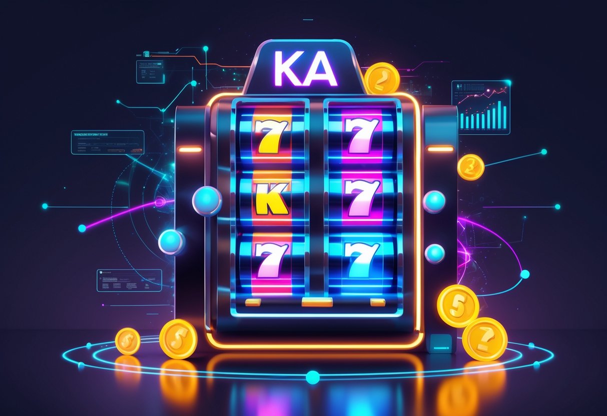 Ilustrasi mesin slot futuristik dengan pola dan simbol kemenangan yang cerah, dikelilingi oleh elemen grafis abstrak yang melambangkan strategi dan tips bermain.