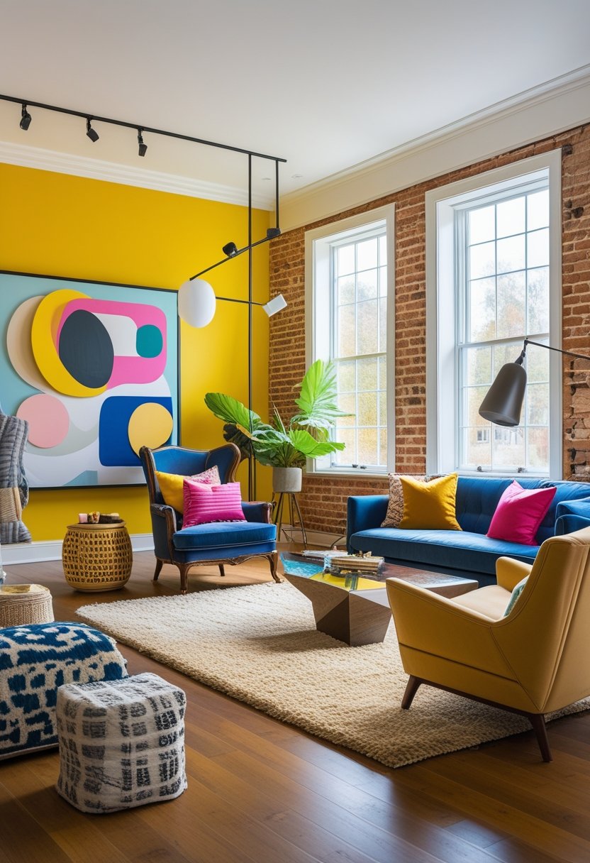 A bright living room with a mix of different furniture styles, colorful decor, and natural light coming through large windows.