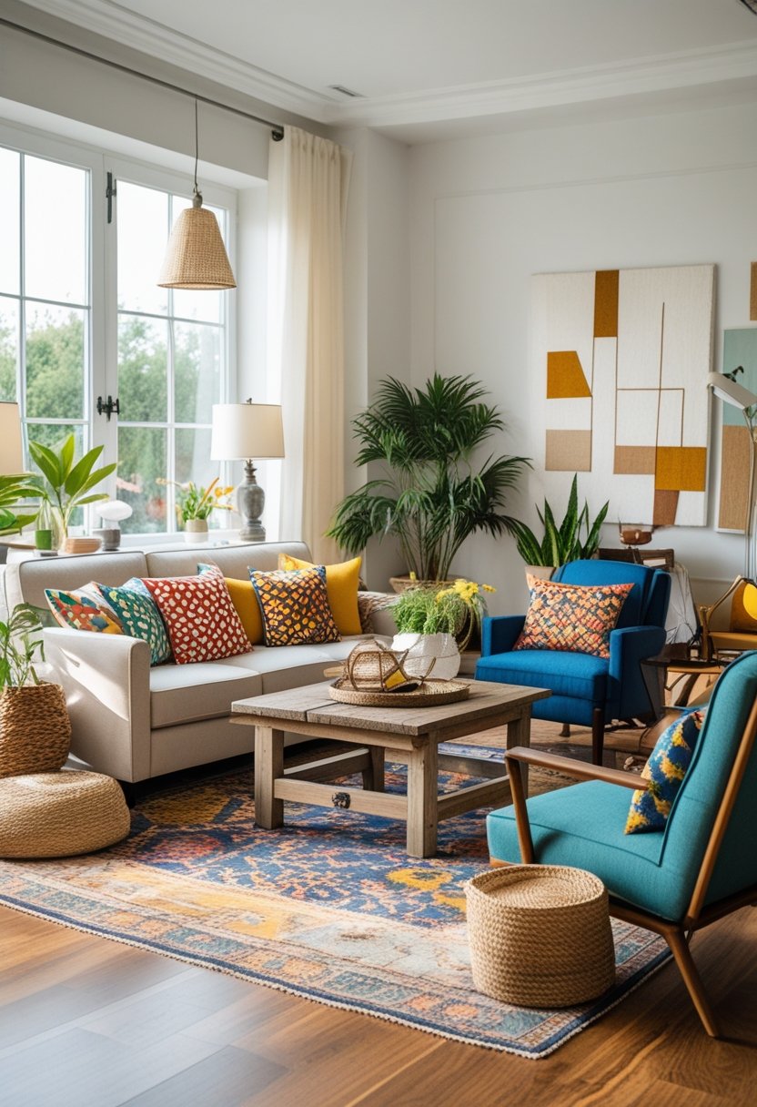 A living room with a variety of mismatched furniture pieces, including a sofa, armchair, coffee table, and plants, arranged in a cozy and inviting space.