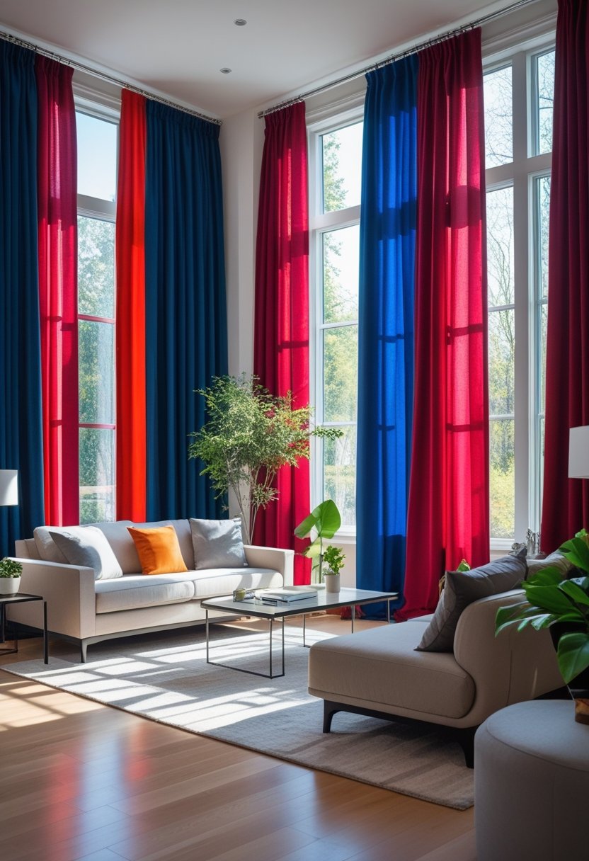 A living room with large colorful curtains framing tall windows, neutral furniture, and natural light coming through.