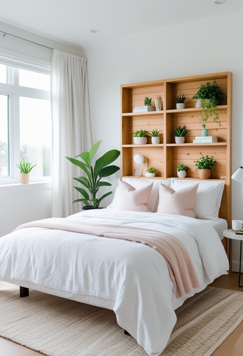 A bright bedroom with a made bed, wooden headboard with shelves holding plants and books, natural light from windows, and a bedside table with a lamp.