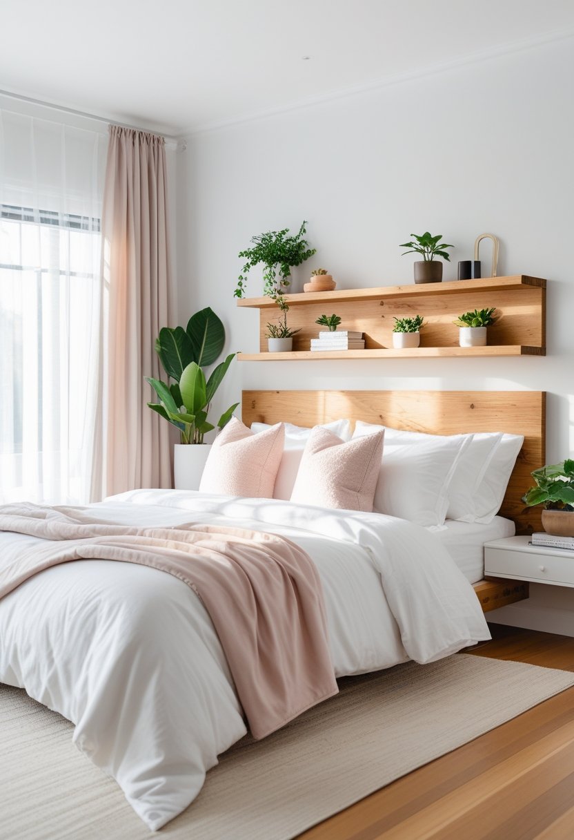 A bright bedroom with a neatly made bed, a wooden headboard with shelves holding plants and decor, and natural light coming through a window.