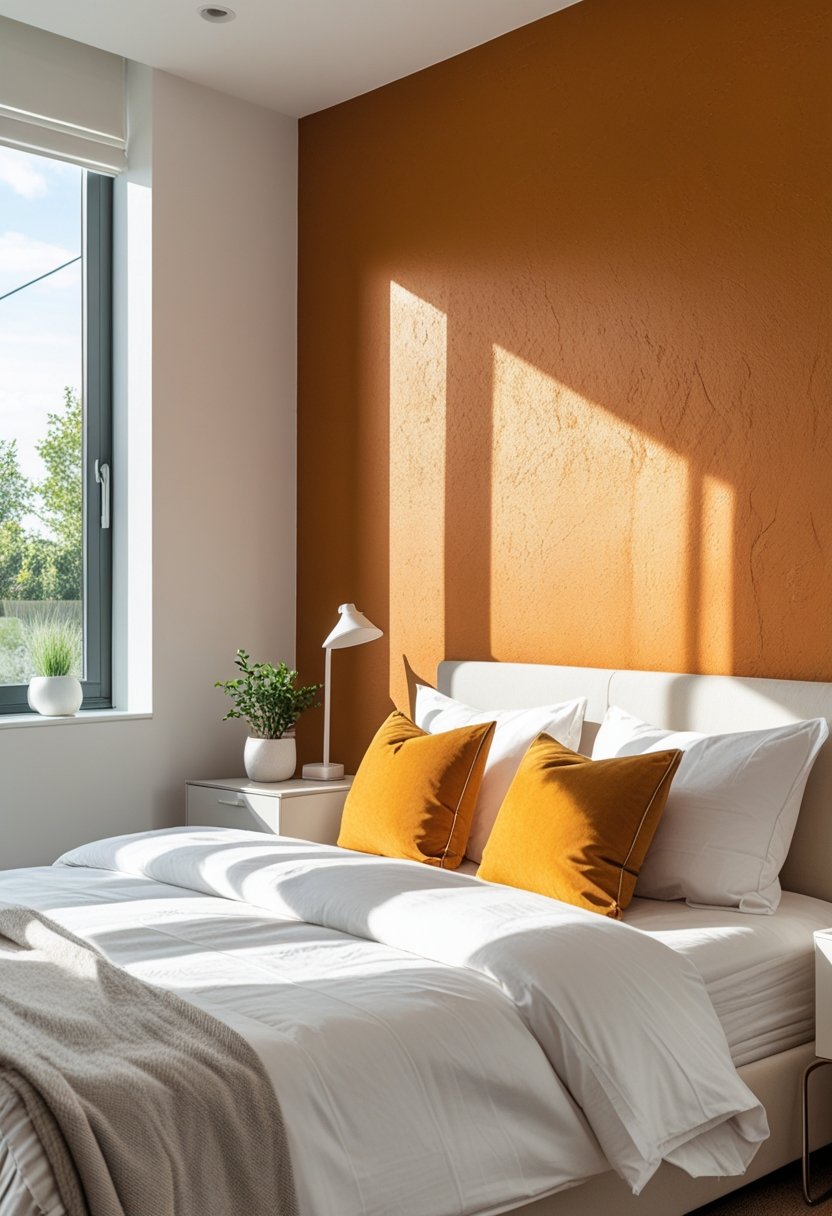 A bright bedroom with a bold accent wall behind a neatly made bed, featuring simple furniture and natural light.