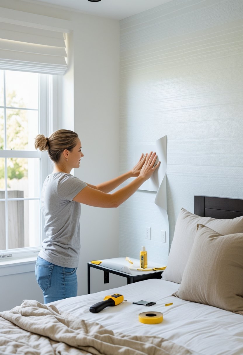 A person applying peel-and-stick wallpaper to a bedroom wall with tools nearby and natural light coming through a window.