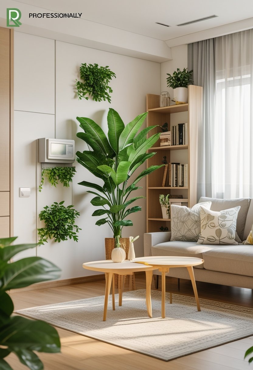 A modern living room with a sofa, indoor plant, and bookshelf used to hide an electrical panel and utility box on the walls.