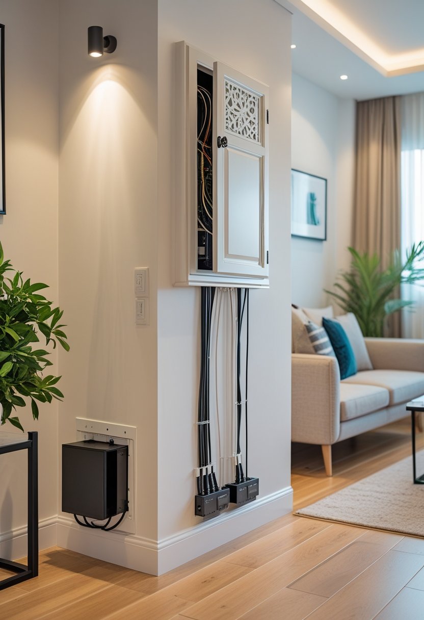 A living room with hidden electrical panel, organized cables, and a utility box concealed by plants, creating a tidy and inviting space.