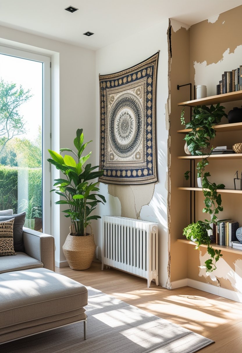 A living room with decorative tapestry, indoor plant, and bookshelf creatively hiding damaged walls and fixtures.